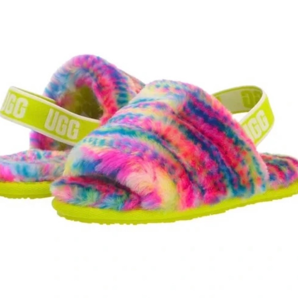 UGG Kids Neon Yellow Strap Rainbow Fuzzy Slide Sandals